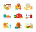 Collection of lunch boxes for kids isolated on white background. Bundle of containers for children`s breakfast food or