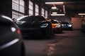 Collection of luxury generic and unbranded cars in a garage, ai generative illustration