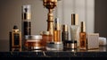 A collection of luxury skincare products, including serums and creams