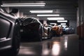 Collection of luxury sport generic and unbranded cars in a garage, ai generative illustration