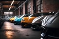 Collection of luxury sport generic and unbranded cars in a modern garage, ai generative illustration