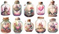 Collection of magic bottles. Glass bottles with fairy tale castles, hearts, flowers, magic potion. Watercolor painting