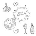Collection of magic love potion flasks, bottle with cork hearts, glass with champagne, open spilled in black on white. Hand drawn Royalty Free Stock Photo