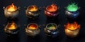 Collection of magical cauldrons brimming with steaming potions of various colors, isolated on a black background. Generative AI