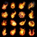 Collection of magical fire effects fo wizardry and enchantments isolated on black. Generative AI illustrations