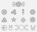 Collection of magical wiccan and pagan symbols: pentagram, triple moon, horned god, triskelion, solar cross, spiral Royalty Free Stock Photo