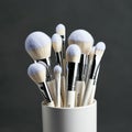 A collection of makeup brushes with white handles and silver ferrules is arranged in a Royalty Free Stock Photo