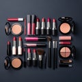 Collection of makeup essentials on dark background Royalty Free Stock Photo