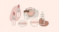 Collection of makeup items on a light background. Includes two tubes of lipstick in Royalty Free Stock Photo