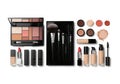 Collection of makeup products and brushes on a white background Royalty Free Stock Photo