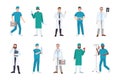 Collection of male medical workers dressed in white coats and scrubs - doctor or physician, paramedic, nurse, surgeon