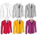 Collection of man business style jackets. Formal suit, tie, different color combinations. Vector illustration