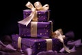 Collection many Christmas New Year Xmas presents group gift boxes surprise colorful luxury star purple ribbon decoration
