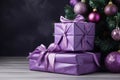 Collection many Christmas tree New Year Xmas presents group gift boxes surprise colorful luxury purple ribbon balls