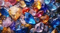 Collection of many different natural gemstones: amethyst, lapis lazuli, rose quartz, citrine, ruby, amazonite, moonstone Royalty Free Stock Photo