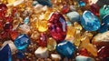 Collection of many different natural gemstones: amethyst, lapis lazuli, rose quartz, citrine, ruby, amazonite, moonstone