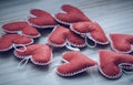 Collection of many heart shapes hand made gift items felt material stitched and puffed. Valentine day concept