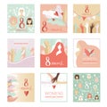Collection of 8 March Womens Day Greeting Cards, Party Invitation, Festive Banner, Spring or Summer Design Vector Royalty Free Stock Photo