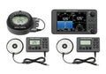 Collection of marine navigation instruments including compasses and control panels on a white background Royalty Free Stock Photo