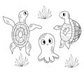 Collection marine underwater animals. Cute little octopus and turtles. Vector illustration. Outline drawings. Isolated