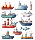 Collection of maritime transportation ships, cartoon illustration, digital watercolor clipart