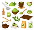 Collection of matcha products isometric vector cartoon illustration organic plant food and drinks