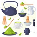 Collection of matcha tea products. Matcha powder, teapot, bamboo spoon, tea leaves, chasen, cha shaku, chawan, tea cup, latte cup Royalty Free Stock Photo