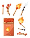 Collection of matches. Burning match with fire, opened matchbox, burnt matchstick. Flat design style. Vector