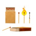 Collection of matches, burning match with fire, opened matchbox, burnt matchstick