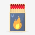 Collection of matches. Burning match with fire, opened matchbox. Flat design style Royalty Free Stock Photo