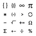 Collection of mathematical and programming symbols displayed in a grid format Royalty Free Stock Photo