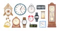 Collection of mechanical and electronic clocks, watches and hourglass isolated on white background. Set of devices to to Royalty Free Stock Photo