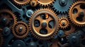 A collection of mechanical gears and cogs artfully arranged to symbolize business synergies