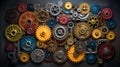 A collection of mechanical gears and cogs artfully arranged to symbolize business synergies