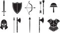 Medieval weaponry and armor set with sword shield bow arrow axe spear and helmet Royalty Free Stock Photo