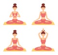 Set of meditating women. Girls in lotus position practicing yoga, vector illustration