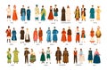 Collection of men and women dressed in folk costumes of various countries isolated on white background. Set of people