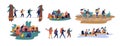 Collection of men and women travelling together. Set of friends or tourists riding bicycles, rafting on boat, walking