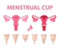 Collection of menstrual cups. Illustration of use of menstrual c