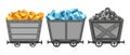 Collection of metal mine carts loaded with gold, crystals and stones or coal. Cartoon mine trolleys. Vector design