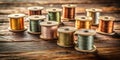 A collection of metallic thread spools on rustic wooden surface. Generative AI Royalty Free Stock Photo