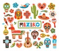 Collection of Mexican national attributes isolated on white background - pinata, sugar skulls, chili pepper, maracas Royalty Free Stock Photo