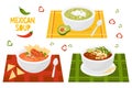 Collection Mexican soups. Green soup with avocado and Mexican Tomato Soup with tortilla chips in served dishes on