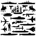 Collection of military silhouettes. A set of silhouettes on a military theme.