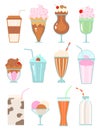 Collection of milkshakes with berries, milk beverages, ice cream