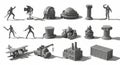 Collection of miniature 3d models figures vehicles buildings objects for dioramas and tabletop gaming Royalty Free Stock Photo