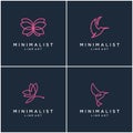 Collection of minimalist animal logo design lines, butterfly and hummingbird. abstract vector design logos