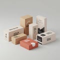 A collection of minimalist cardboard boxes with various designs and texts. The boxes Royalty Free Stock Photo