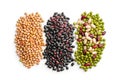 Collection of mix bean (soy beans, Adzuki bean, green mung, black bean) isolated on white background