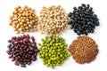 Collection of mix bean (soy beans, Adzuki bean, green mung and black bean) isolated on white background